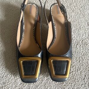 Sam Edelman Black Croc-Embossed Slingback Heels with Gold Buckle